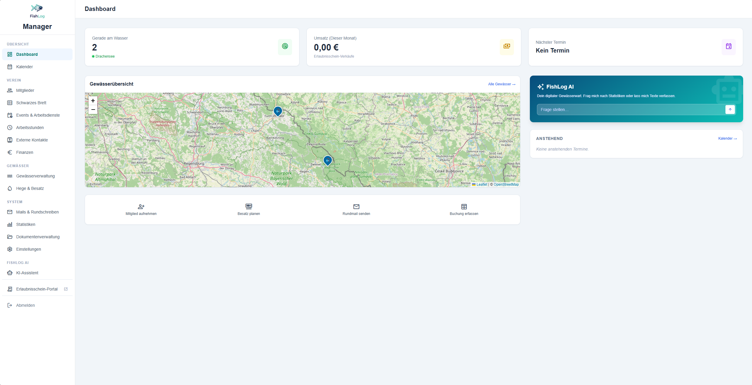 FishLog Vereinsverwaltung – Dashboard mit Mitgliedern, Finanzen, Gewässern, Events und KI-Assistent
